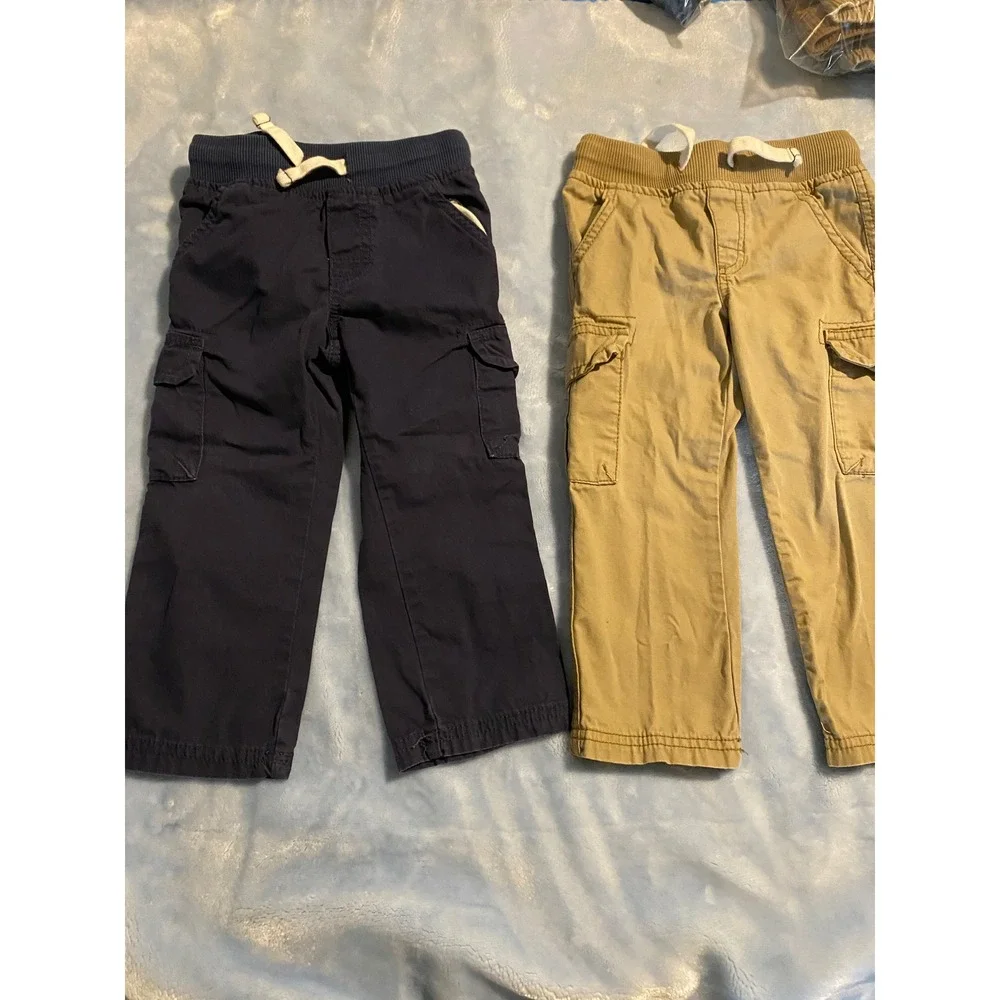 Carters Kids 2T Pull On Cargo Pants Lot 2 Navy Blue Khaki Tan Cotton Trousers